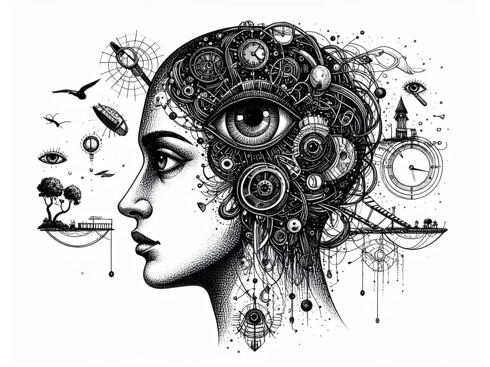 Ilustración en blanco y negro de estilo surrealista que representa la transformación del SEO moderno: un rostro humano fusionado con engranajes, cables y nodos digitales, rodeado de elementos abstractos como lupas flotantes, relojes rotos y escaleras desconectadas, simbolizando el nuevo funcionamiento de Google basado en inteligencia artificial y significados.